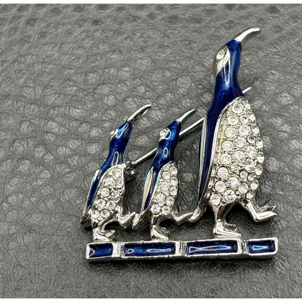 Vintage D'Orlan Penguin Brooch Pin Silver Tone Blue Enamel Crystal Rhinestone